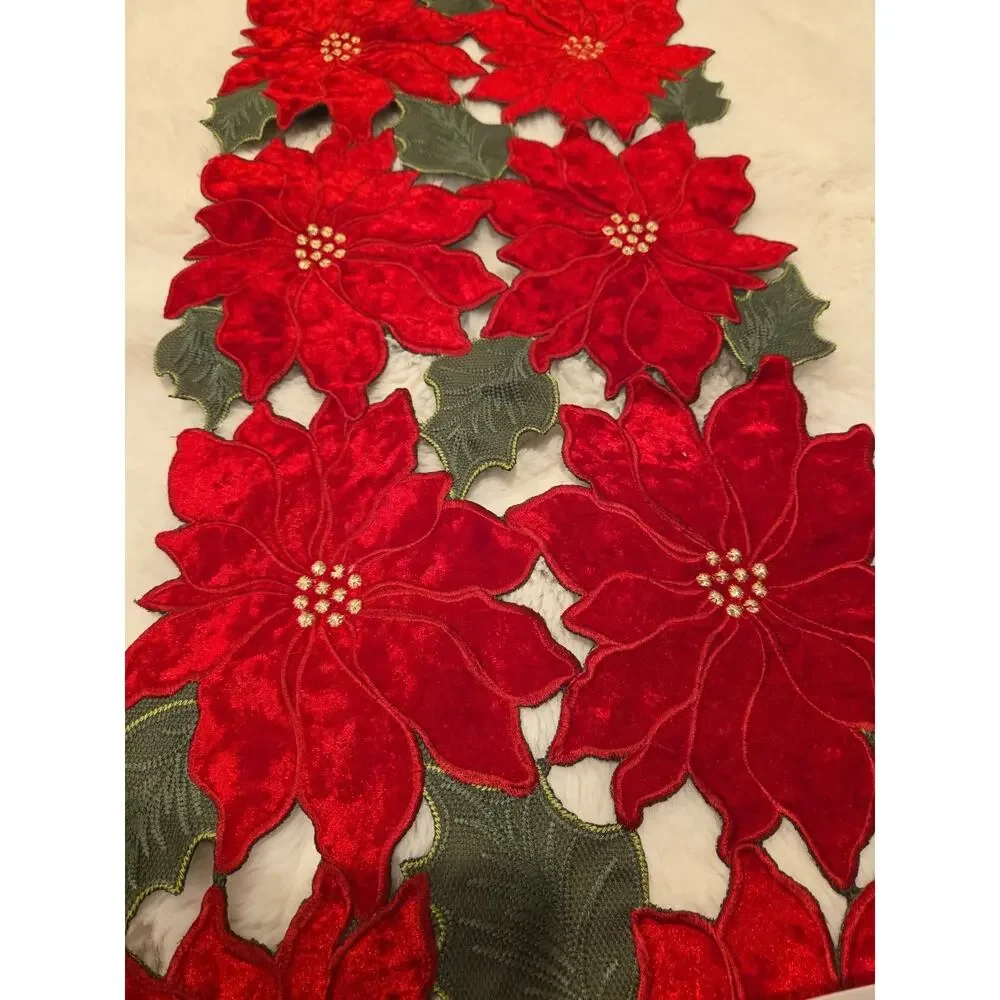 Christmas Poinsettia Table Runner 14x36 Velvet Embroidered TJ Maxx 2546...